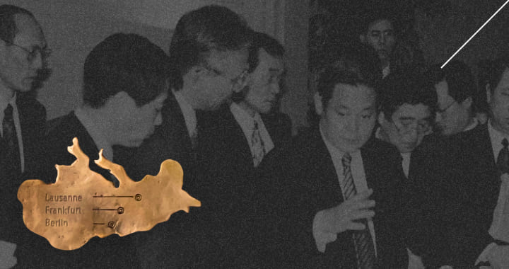 A close up relief map of cities where Chairman Lee conducted training and meetings during the New Management Declaration, with an LA meeting photo.
