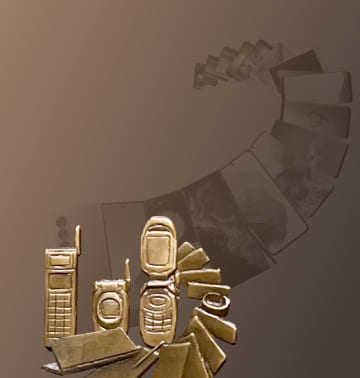 A relief and background photo of Samsung mobile phones arranged in a spiral.