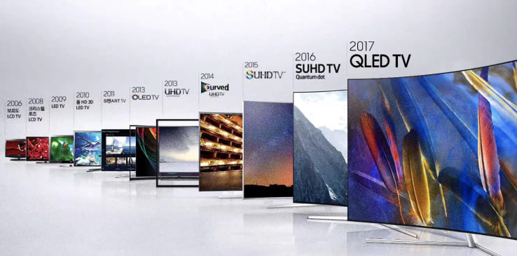 A photo depicting Samsung TVs that have held the global No. 1 position arranged in order from the Bordeaux TV in 2006 to QLED TV in 2017.