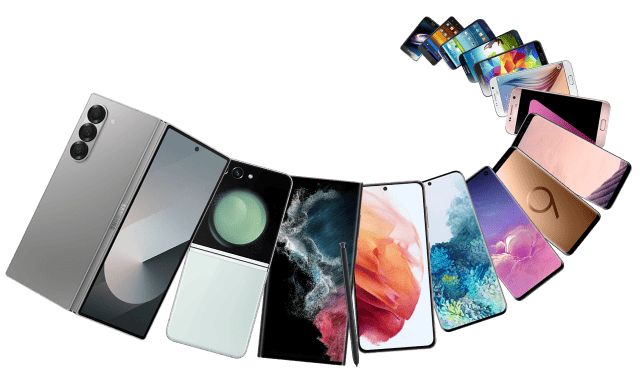 A photo of Samsung Galaxy smartphones arranged in order from the earliest models to the latest releases.