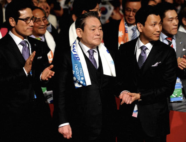 A photo of Chairman Lee Kun-hee looking on as Pyeongchang is announced as the host of the 2018 Winter Olympics at the 2011 IOC General Assembly.